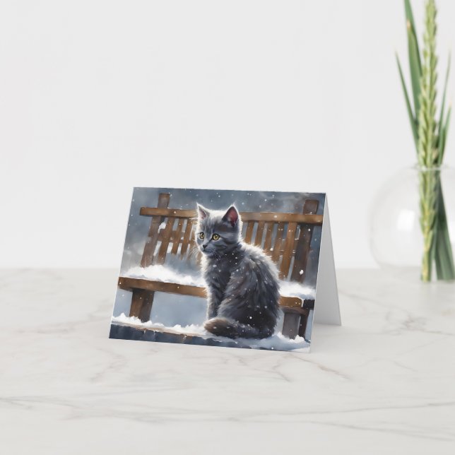 Carte Chat gris mignon sur banc dans la salutation blanc (Devant)