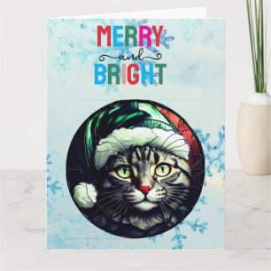 Carte Chat Gris Tabby à Verre Cathédrale Noël dans un Ch