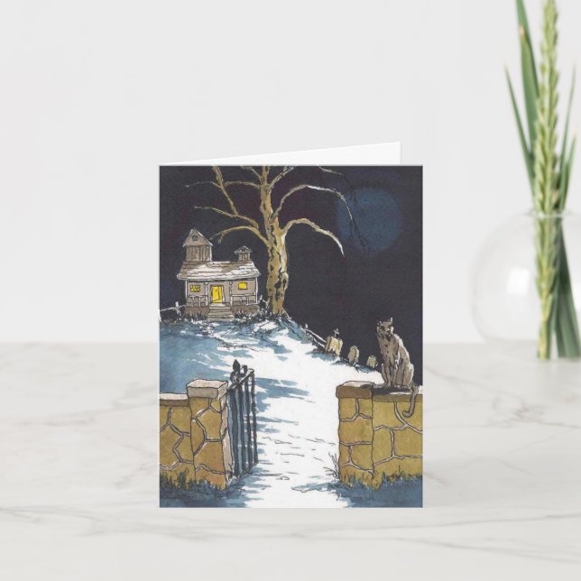 Carte Chat Halloween Haunted House effrayant (Devant)