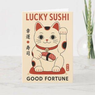 Carte Chat Lucky Sushi Maneki Neko Illustration, Japonai