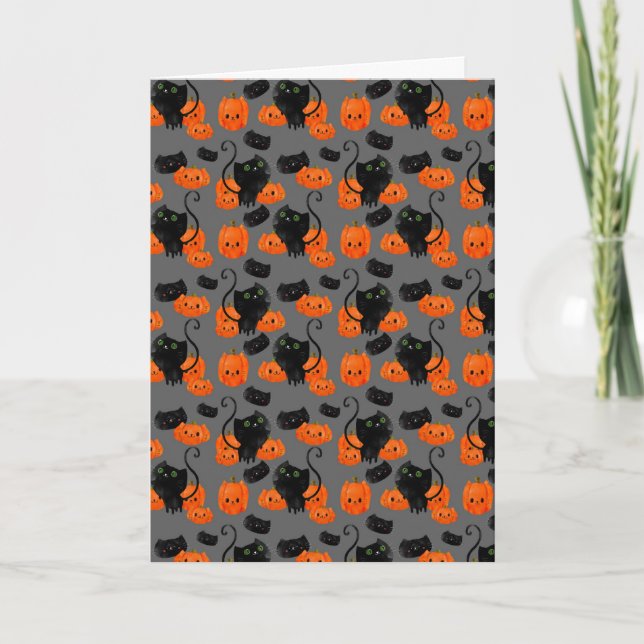 Carte Chat mignon de Halloween avec des citrouilles (Devant)