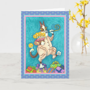CARTE CHAT N'FITZ EN COUCHER D'ANNIVERSAIRE, GÂTEAU ET B