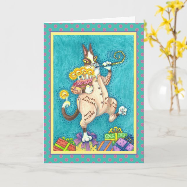 CARTE CHAT N'FITZ EN COUCHER D'ANNIVERSAIRE, GÂTEAU ET B (Fleur jaune)