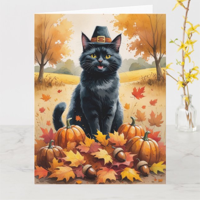 Carte Chat Noir À L'Automne Quitte L'Art Thanksgiving (Fleur jaune)