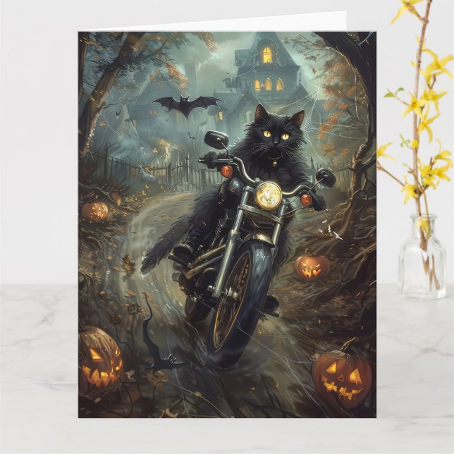 Carte Chat noir à moto Halloween épouvantable (Fleur jaune)
