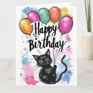 Carte Chat noir avec ballons