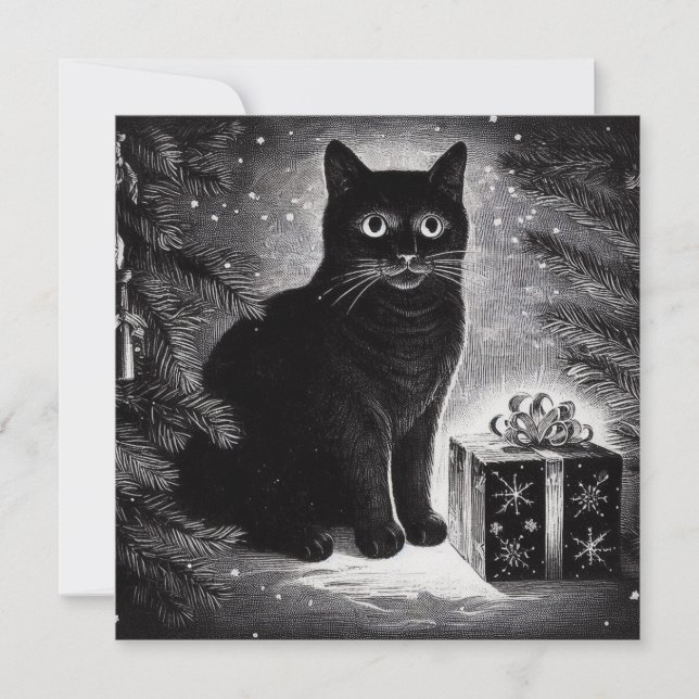 Carte Chat noir avec cadeau de Noël (Devant)
