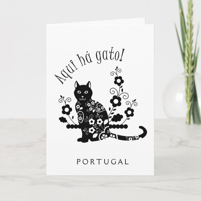 Carte Chat noir avec fleurs et expression portugaise (Devant)