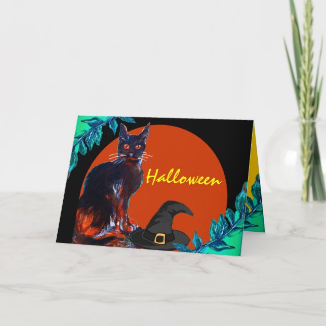 CARTE CHAT NOIR AVEC LE CASQUETTE WITCH HALLOWEEN PARTY (Devant)