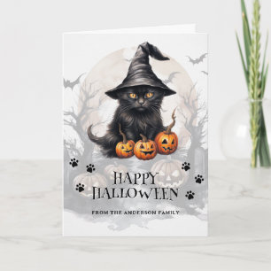 Carte Chat noir Citrouilles chauves-souris Pleine lune p