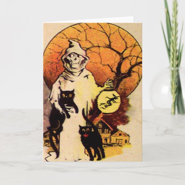 Carte Chat noir de la Faucheuse (carte d'Halloween Vinta (Devant)