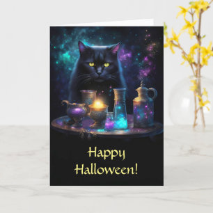 Carte Chat noir d'Halloween avec potions magiques mystiq