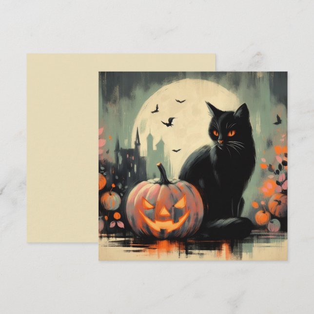 Carte Chat noir d'Halloween et Citrouille (Devant / Derrière)