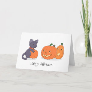 Carte Chat noir d'Halloween et Citrouilles