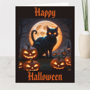 Carte Chat noir d'Halloween sous la lune de récolte