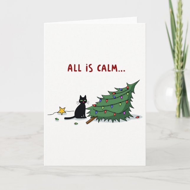 Carte Chat Noir Drôle Qui Frappe Sur L'Arbre De Noël (Devant)