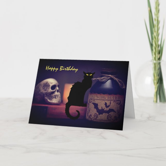Carte Chat noir effrayant et crâne Joyeux anniversaire H (Devant)