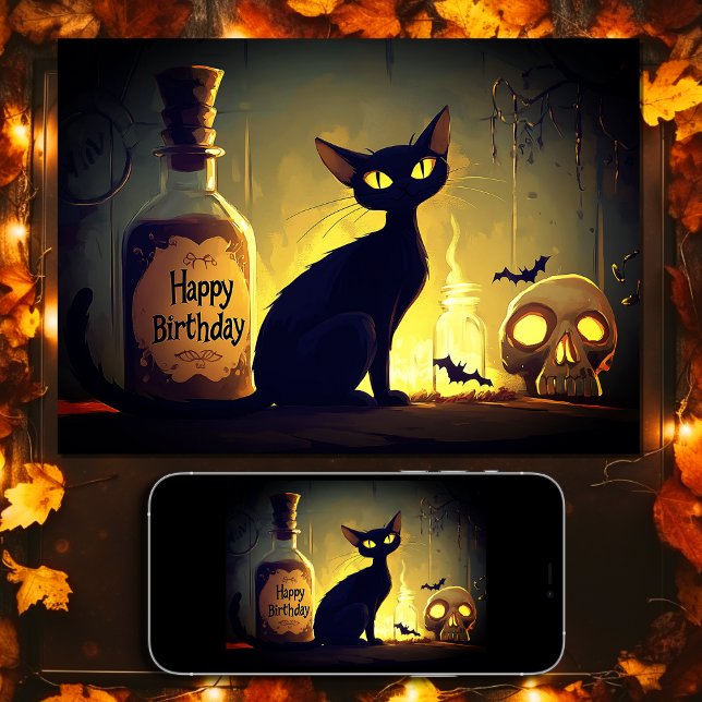 Carte Chat noir éffrayant et Halloween Halloween (Scary Black Cat and Skull Happy Birthday Halloween Card)