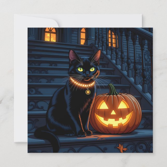 Carte Chat noir et Citrouille brillant Halloween (Devant)