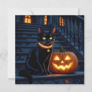 Carte Chat noir et Citrouille brillant Halloween