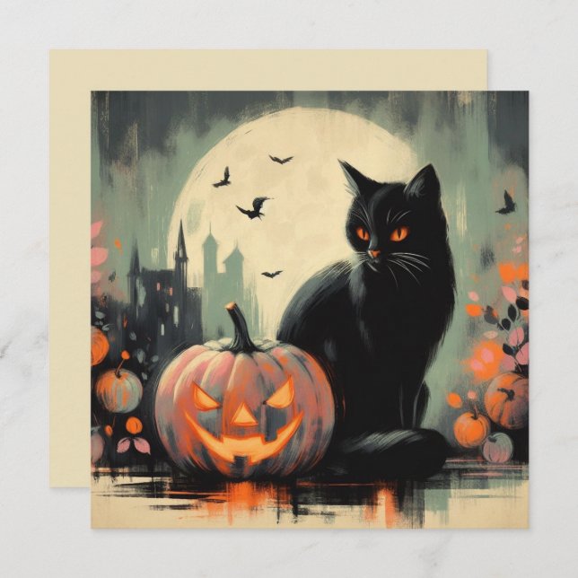 Carte Chat noir et citrouille d'Halloween (Devant / Derrière)