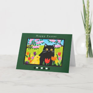Carte Chat noir et poussin dans un jardin floral, Pâques