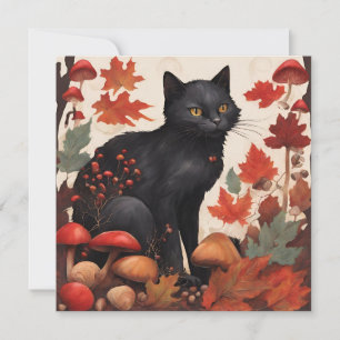 Carte Chat noir, forêt d'automne et champignons sauvages
