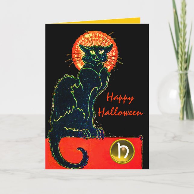 CARTE CHAT NOIR HALLOWEEN PARTY MONOGRAM (Devant)