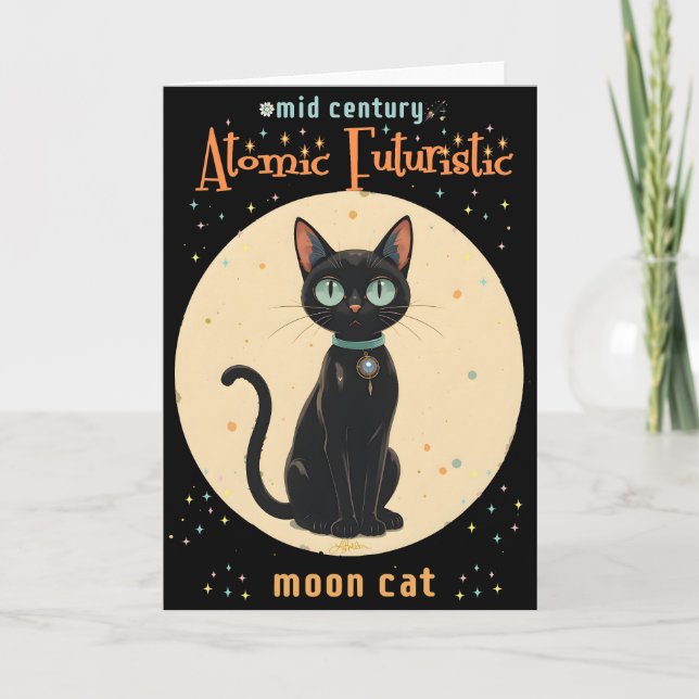 Carte Chat noir lunaire futuriste atomique avec texte (Devant)