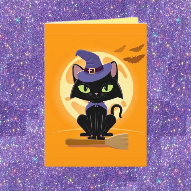 Carte Chat noir mignon sur balaiCarte d'Halloween (Créateur téléchargé)