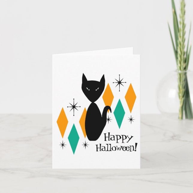 Carte Chat noir moderne du milieu du siècle Happy Hallow (Devant)