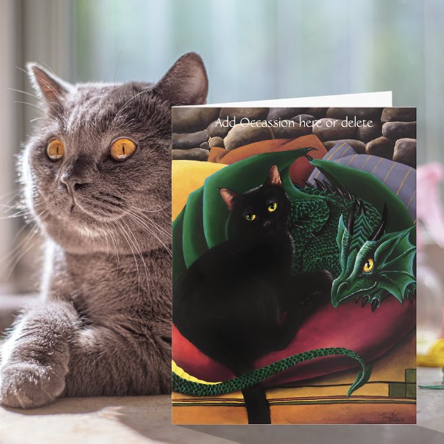 Carte Chat noir mystique Dragon vert émeraude Fantastiqu (Créateur téléchargé)