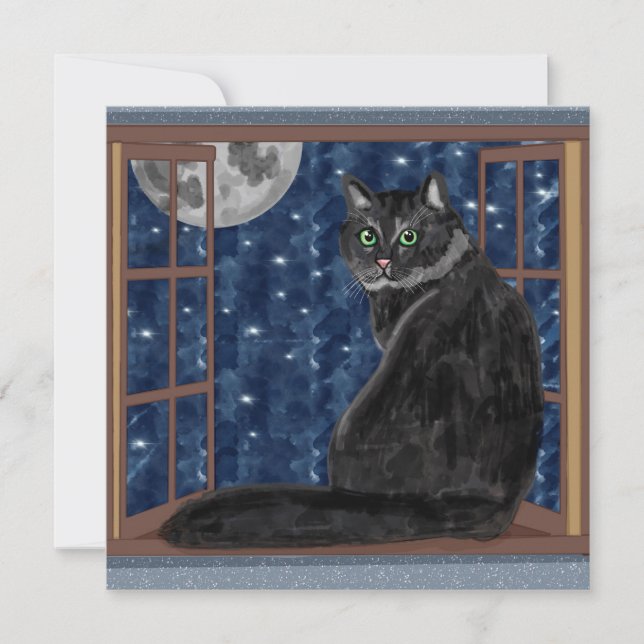 Carte Chat noir regardant la fenêtre sur les étoiles et  (Devant)