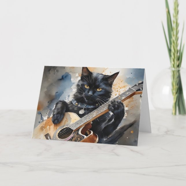 Carte Chat noir star de rock jouant de la guitare acoust (Devant)