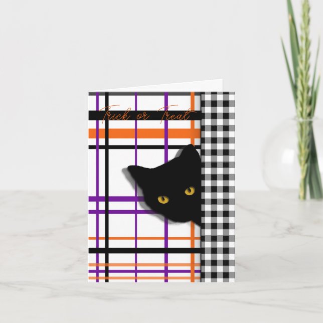 Carte Chat noir sur Halloween Plaid et Chèques (Devant)