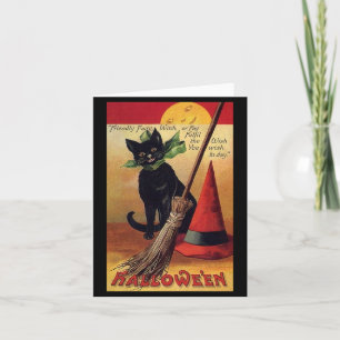 Carte Chat noir vintage de Halloween, balai de sorcière