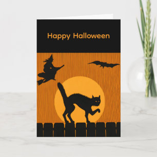 Carte Chat noir vintage Halloween, silhouette de sorcièr