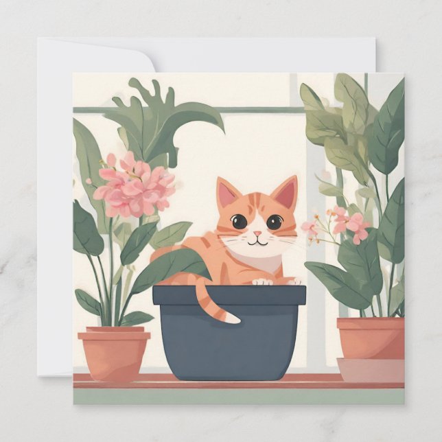 Carte Chat orange dans un pot à fleurs (Devant)