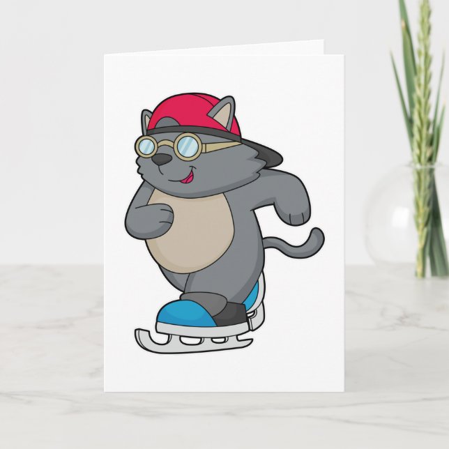Carte Chat patineur sur glace avec patins à glace (Devant)