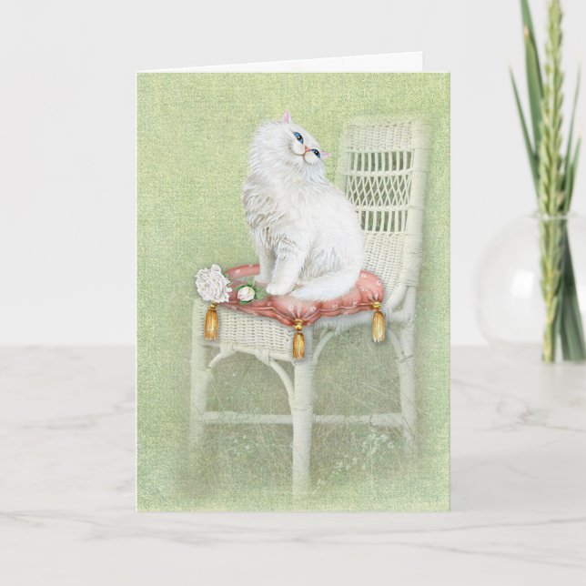 Carte Chat Perse Blanc Sur Chaise Coussin (Devant)