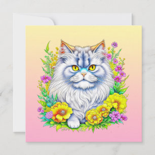 Carte Chat perse en Fleurs Jaunes et Roses Blanc