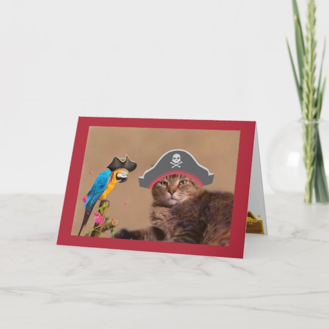Carte Chat Pirate Et Parrot Anniversaire (Devant)