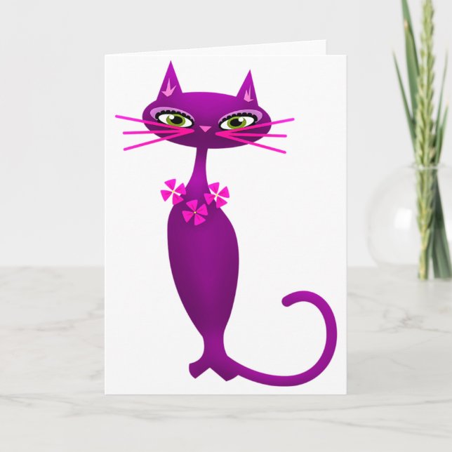 Carte Chat rétro du milieu du siècle mignon poupée rose  (Devant)