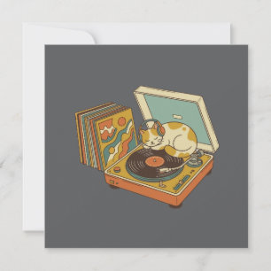 Carte Chat Rétro Mélomane sur Platine Vinyle Vintage