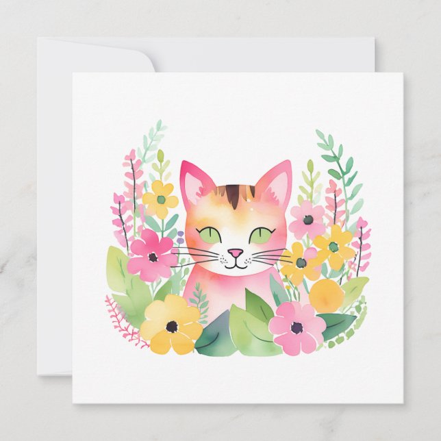 Carte Chat rose aquarelle et fleurs d'été  (Devant)