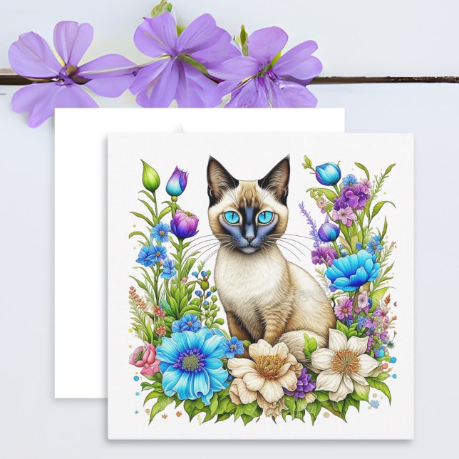 Carte Chat siamois à l'aquarelle dans les fleurs (Créateur téléchargé)