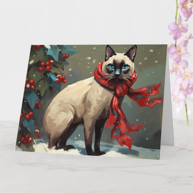 Carte Chat siamois à Noël de neige (Orchidée)