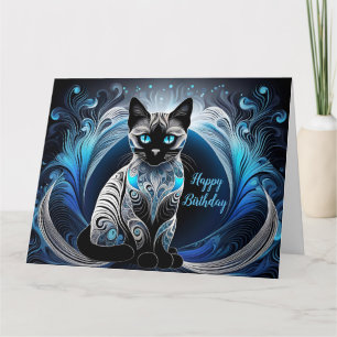 Carte Chat siamois, Bleu et blanc abstrait Anniversaire