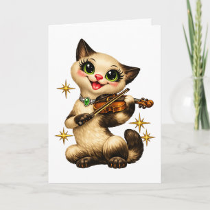 Carte Chat siamois heureux jouant du violon rétro milieu