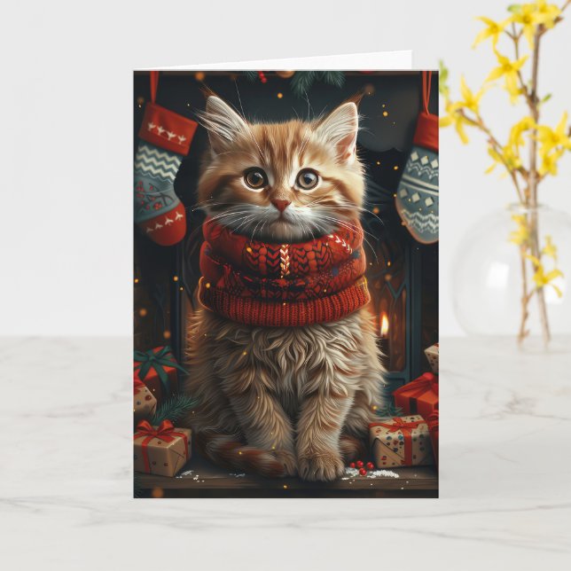 Carte Chat Sibérien Avec Foyer Cadeaux De Noël (Fleur jaune)